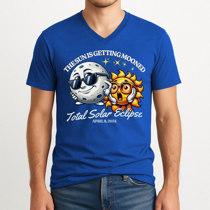 Funny The Sun Is Getting Mooned Total Solar Eclipse April 08 2024 V-Neck T-Shirt