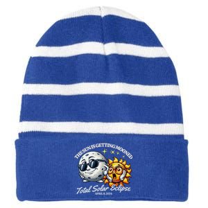 Funny The Sun Is Getting Mooned Total Solar Eclipse April 08 2024 Striped Beanie with Solid Band