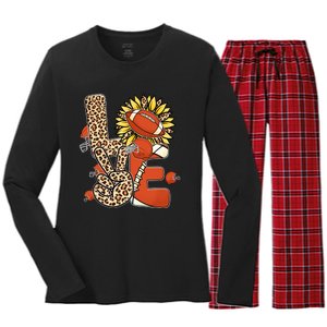 Football T Shirts, Love Football Leopard Sunflower Sports Ball Valentine Plus Women's Long Sleeve Flannel Pajama Set 