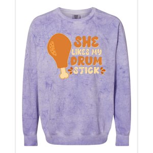 Funny Thanksgiving She Likes My Drum Stick Colorblast Crewneck Sweatshirt