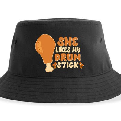 Funny Thanksgiving She Likes My Drum Stick Sustainable Bucket Hat