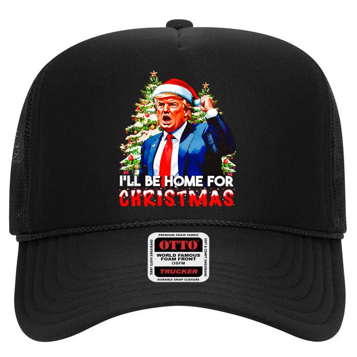 Funny Trump Santa Claus 2024 ILl Be Home For Christmas High Crown Mesh Back Trucker Hat