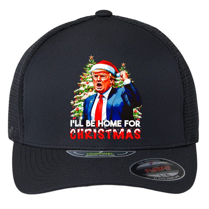 Funny Trump Santa Claus 2024 ILl Be Home For Christmas Flexfit Unipanel Trucker Cap