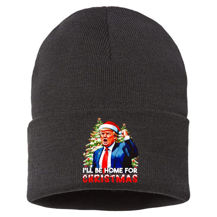 Funny Trump Santa Claus 2024 ILl Be Home For Christmas Sustainable Knit Beanie