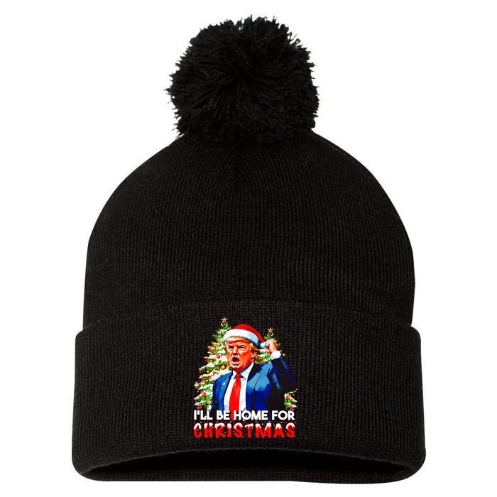 Funny Trump Santa Claus 2024 ILl Be Home For Christmas Pom Pom 12in Knit Beanie