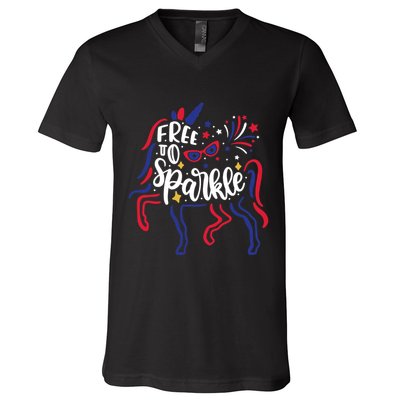 Free to Sparkle Patriotic Unicorn 4th of July Girl Boy Wo V-Neck T-Shirt
