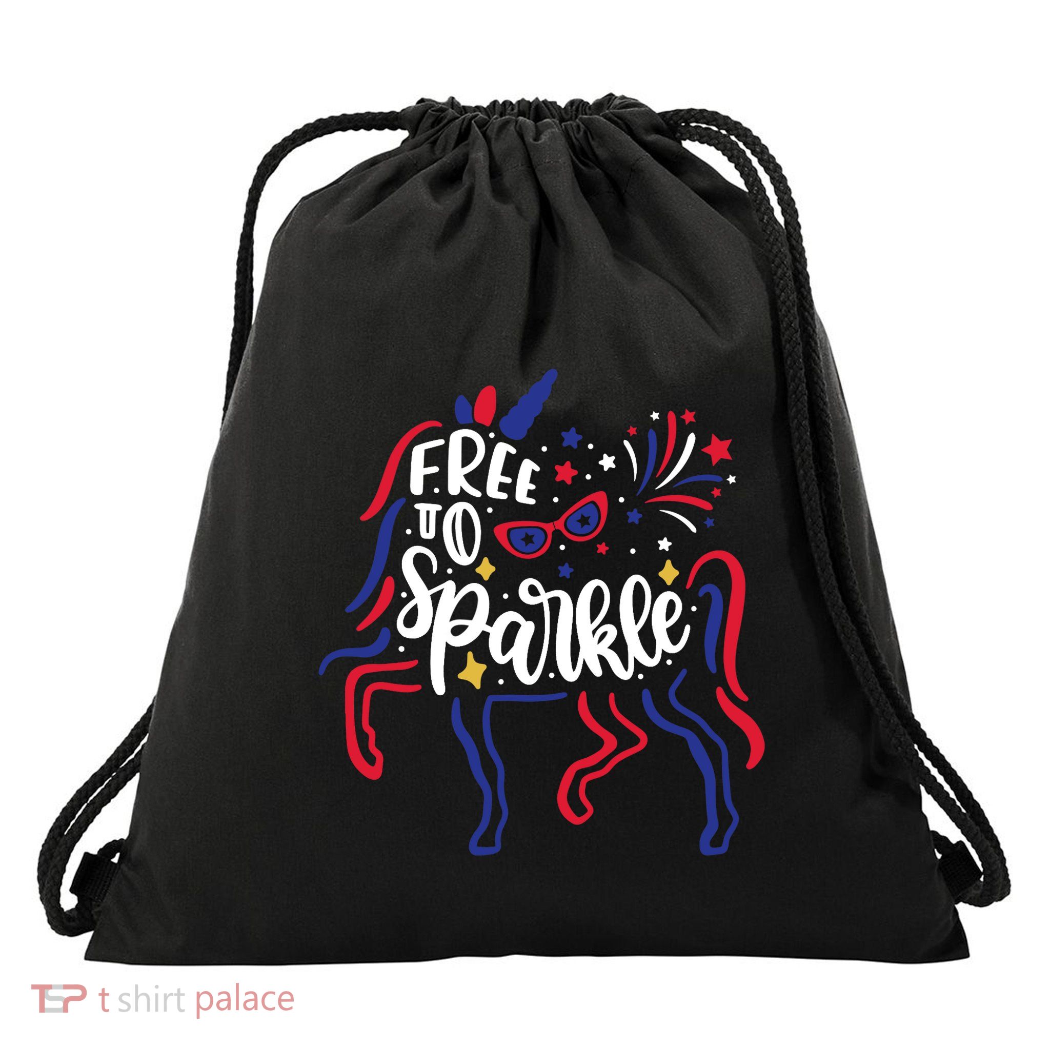 Free to Sparkle Patriotic Unicorn 4th of July Girl Boy Wo Drawstring Bag