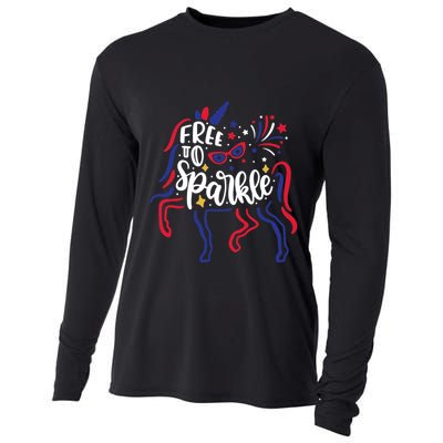 Free to Sparkle Patriotic Unicorn 4th of July Girl Boy Wo Cooling Performance Long Sleeve Crew