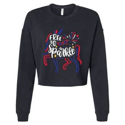 Free to Sparkle Patriotic Unicorn 4th of July Girl Boy Wo Cropped Pullover Crew