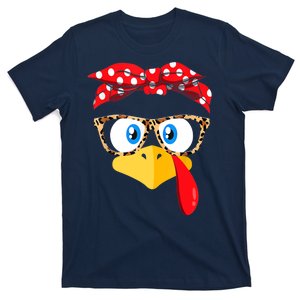 Funny Thanksgiving Strong Girl Turkey Face Leopard Print Glasses T-Shirt