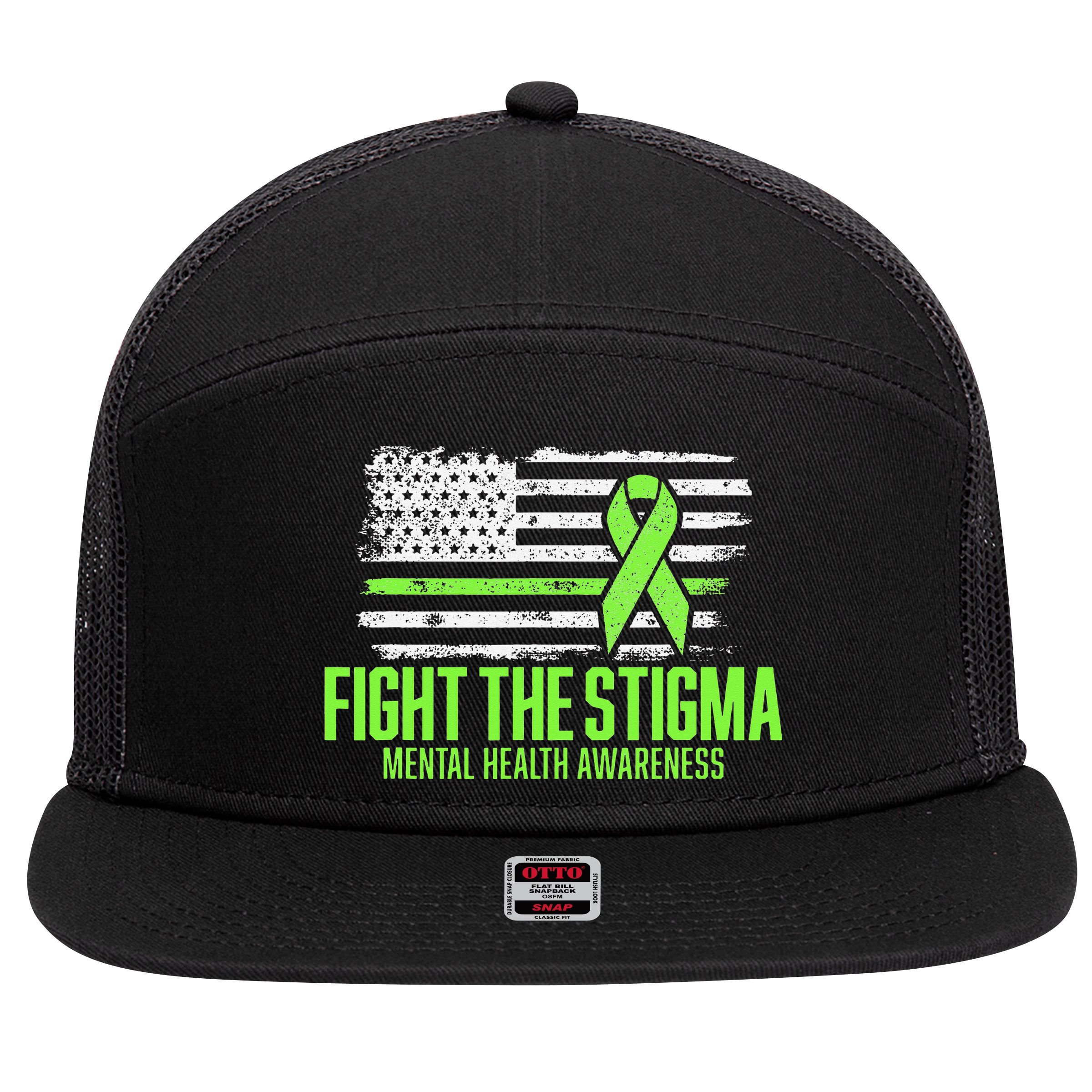 Fight the Stigma American Flag Mental Health Awareness 7 Panel Mesh Trucker Snapback Hat