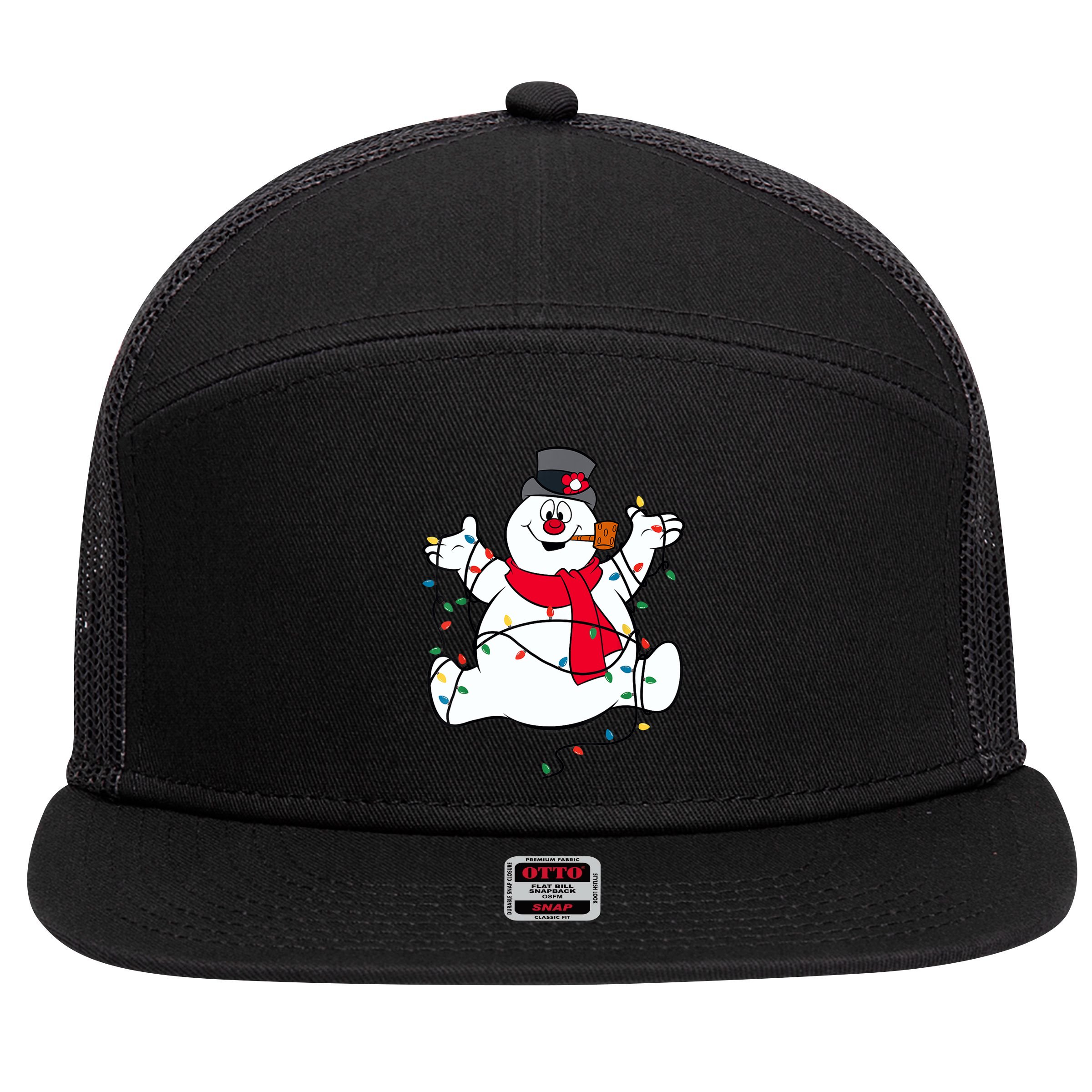Frosty The Snowman Christmas Lights Portrait T 7 Panel Mesh Trucker Snapback Hat