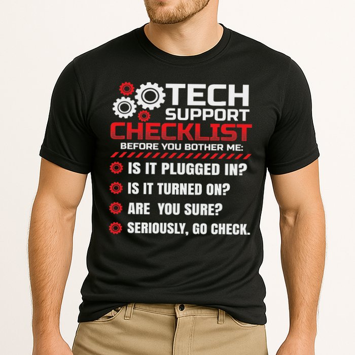 Funny Tech Support Checklist Helpdesk Cooling Performance Crew T-Shirt