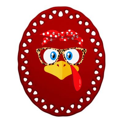 Funny Thanksgiving Turkey Face Leopard Print Glasses Ceramic Oval Ornament