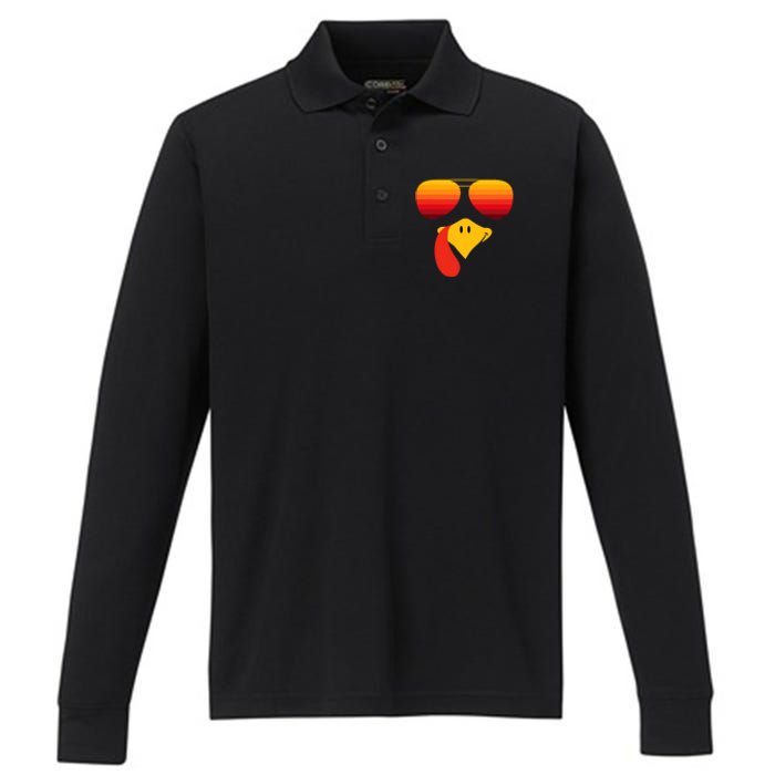 Funny Thanksgiving Turkey Face With Sunglasses Performance Long Sleeve Polo