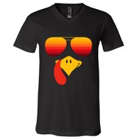 Funny Thanksgiving Turkey Face With Sunglasses V-Neck T-Shirt