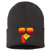 Funny Thanksgiving Turkey Face With Sunglasses Sustainable Knit Beanie