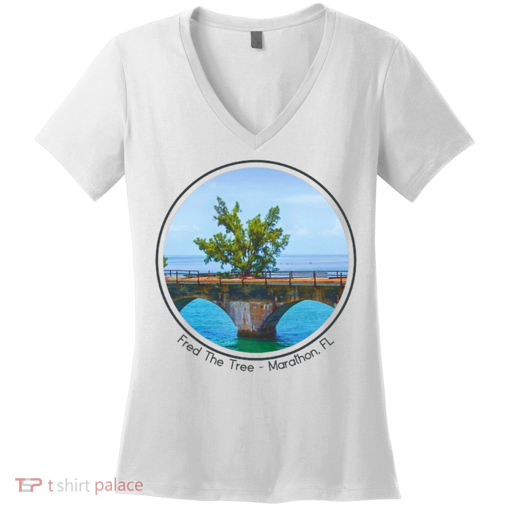 Fred The Tree Marathon Fl 7 Mile Bridge Tree Of Hope Women's V-Neck T-Shirt