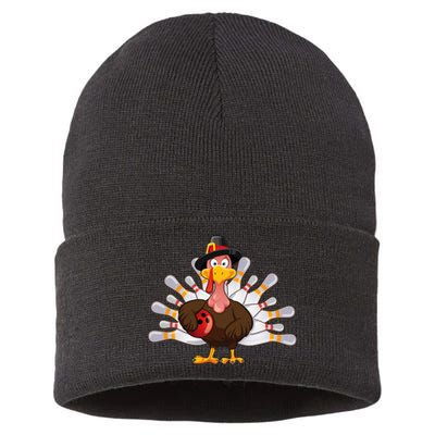 Funny Thanksgiving Turkey Bowling Pin Matching Team Sustainable Knit Beanie