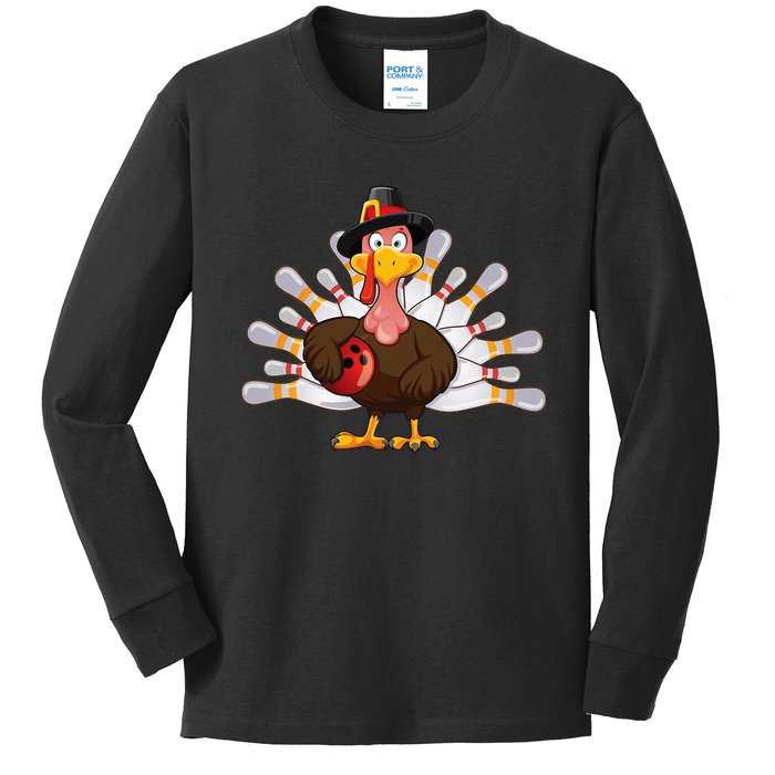 Funny Thanksgiving Turkey Bowling Pin Matching Team Kids Long Sleeve Shirt