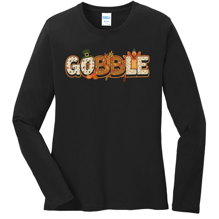 Funny Thanksgiving Turkey Day Gobble Gift Idea Ladies Long Sleeve Shirt