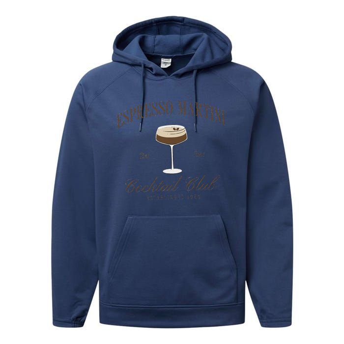 Funny Tini Time Espresso Martini Retro Cocktail And Social Club Performance Fleece Hoodie