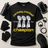 Fun Three Time Fantasy Football League Champion Trophy Cooling Performance Crew T-Shirt