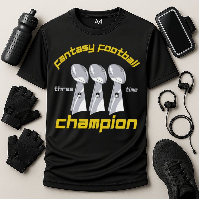 Fun Three Time Fantasy Football League Champion Trophy Cooling Performance Crew T-Shirt