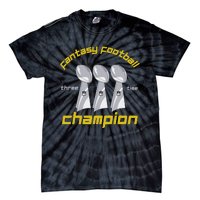 Fun Three Time Fantasy Football League Champion Trophy Tie-Dye T-Shirt