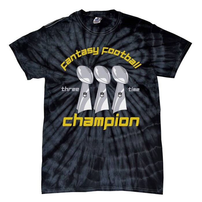 Fun Three Time Fantasy Football League Champion Trophy Tie-Dye T-Shirt