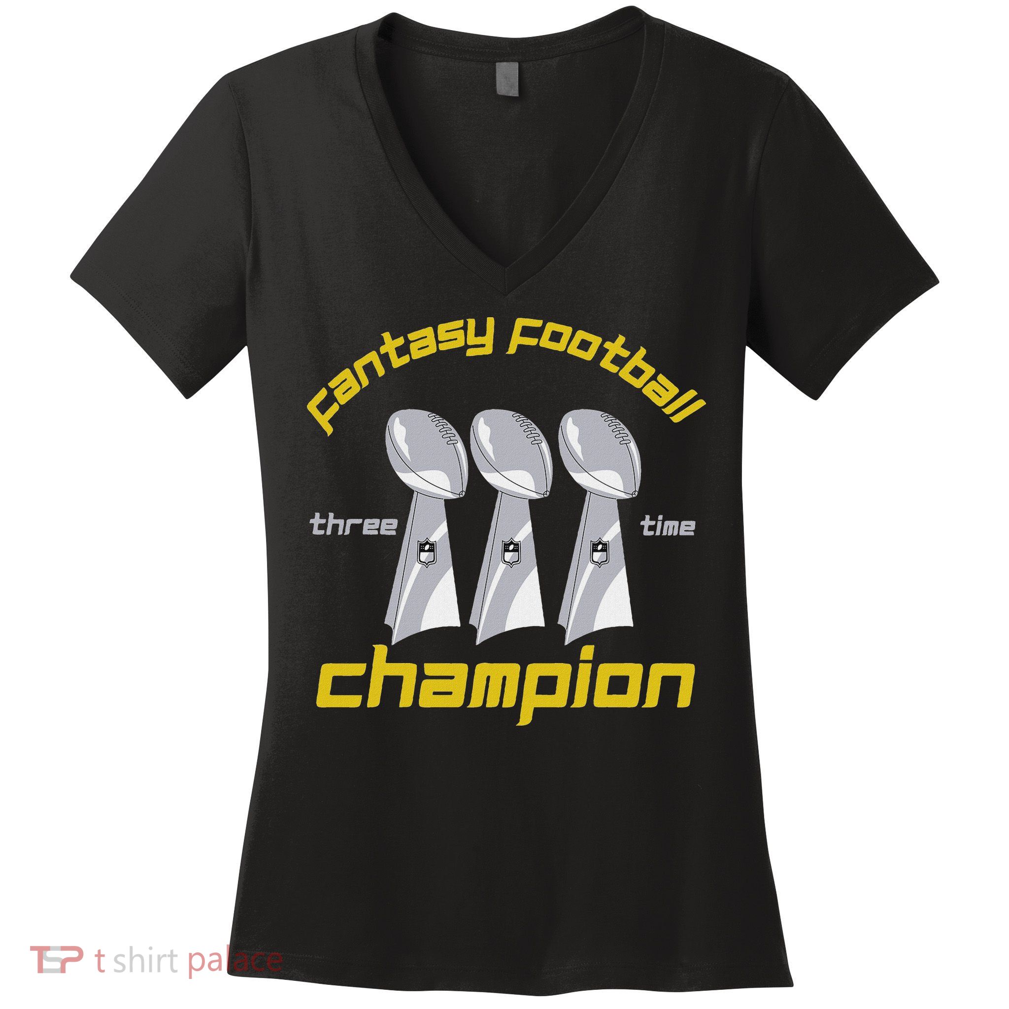 Fun Three Time Fantasy Football League Champion Trophy Women's V-Neck T-Shirt