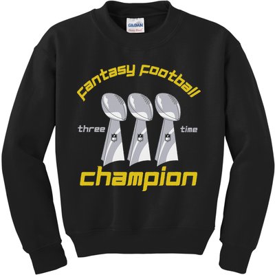 Fun Three Time Fantasy Football League Champion Trophy Kids Sweatshirt