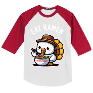 Funny Thanksgiving Turkey With Hat Eating A Bowl Of Ra Funny Gift Kids Colorblock Raglan Jersey