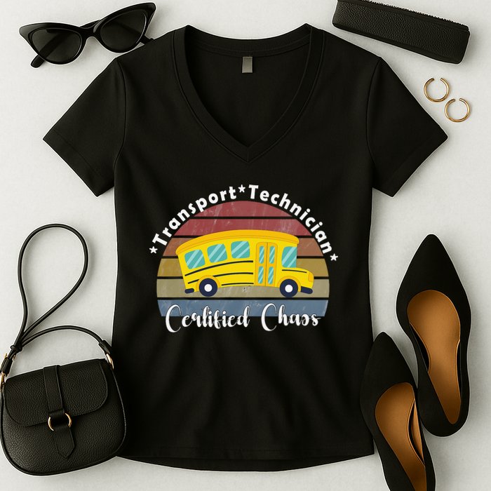 Funny Transport Technician Certified Chaos School Bus Women's V-Neck T-Shirt