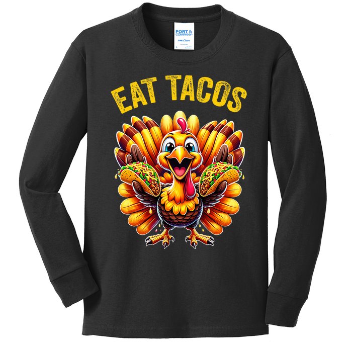 Funny Thanksgiving Turkey Eat Tacos Mexican Thanksgiving Fun Kids Long Sleeve Shirt