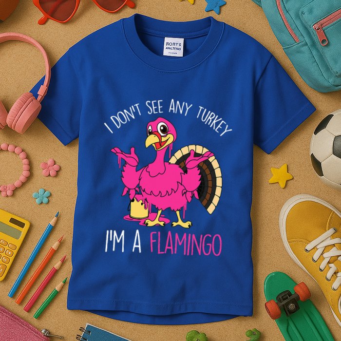 Funny Thanksgiving Turkey Pink Flamingo Pun Kids T-Shirt
