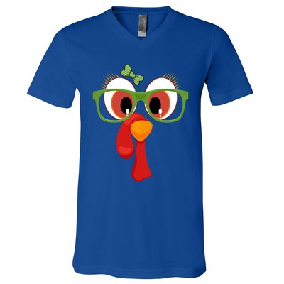 Funny Thanksgiving Turkey Face Sunglasses Brown Eyes Gift V-Neck T-Shirt