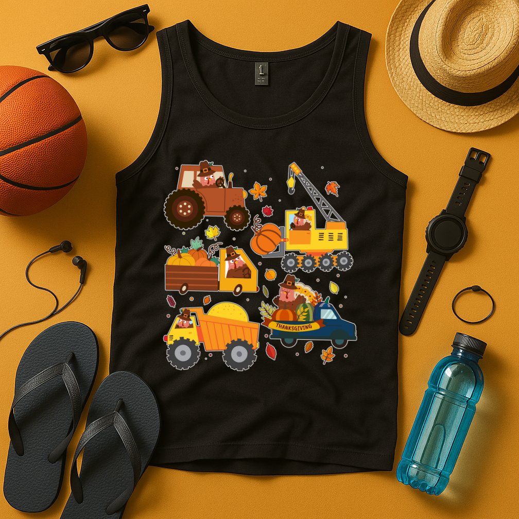 Funny Thanksgiving Turkeys Construction Vehicles Tank Top