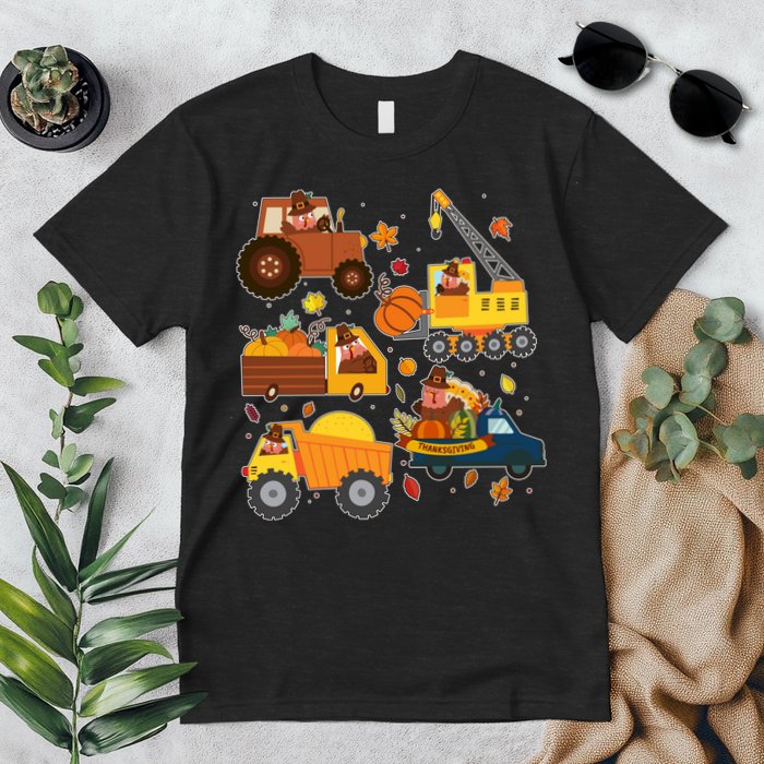 Funny Thanksgiving Turkeys Construction Vehicles Premium T-Shirt