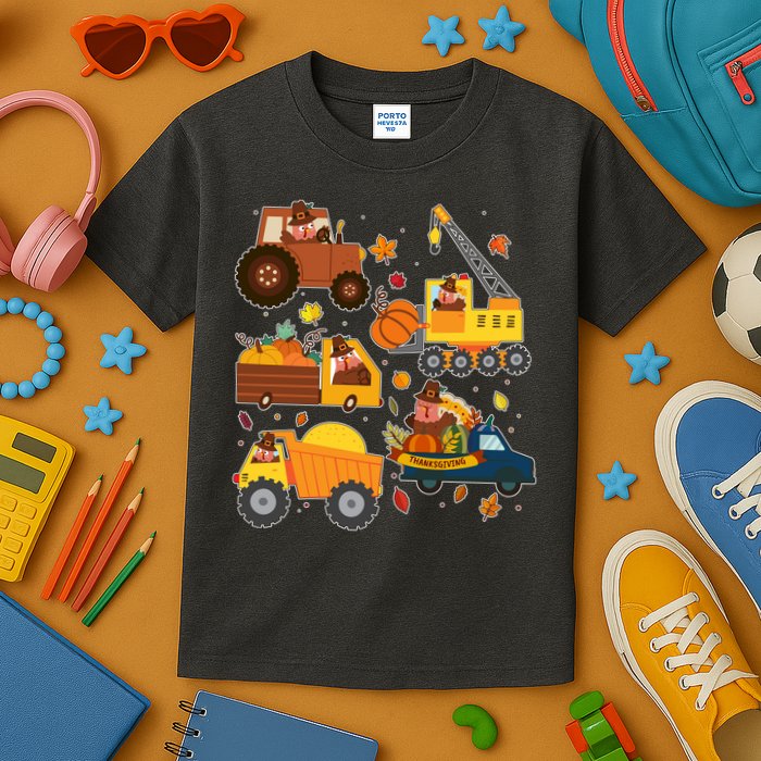 Funny Thanksgiving Turkeys Construction Vehicles Kids T-Shirt
