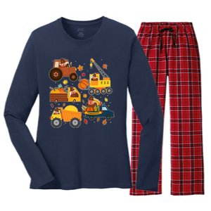 Funny Thanksgiving Turkeys Construction Vehicles Women's Long Sleeve Flannel Pajama Set 