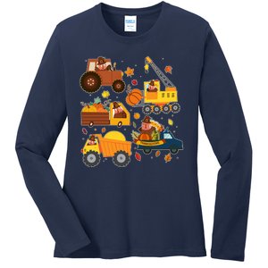 Funny Thanksgiving Turkeys Construction Vehicles Ladies Long Sleeve Shirt