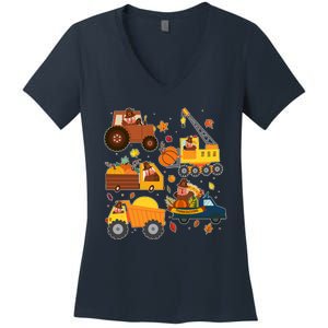 Funny Thanksgiving Turkeys Construction Vehicles Women's V-Neck T-Shirt