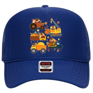 Funny Thanksgiving Turkeys Construction Vehicles High Crown Mesh Back Trucker Hat