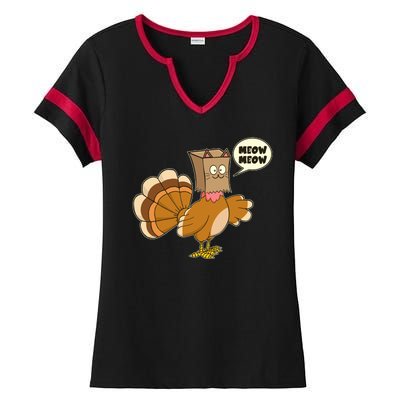 Funny Thanksgiving Turkey In Cat Face Paper Bag Ladies Halftime Notch Neck Tee