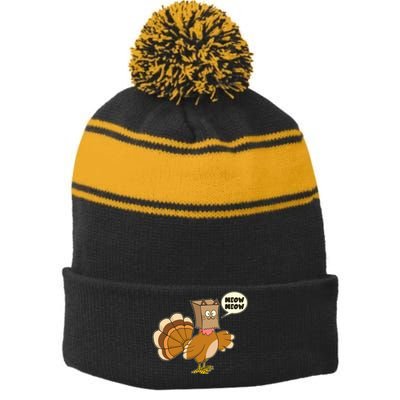 Funny Thanksgiving Turkey In Cat Face Paper Bag Stripe Pom Pom Beanie