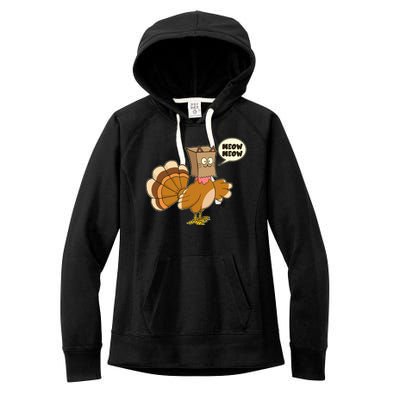 Funny Thanksgiving Turkey In Cat Face Paper Bag Women's Fleece Hoodie