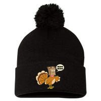 Funny Thanksgiving Turkey In Cat Face Paper Bag Pom Pom 12in Knit Beanie