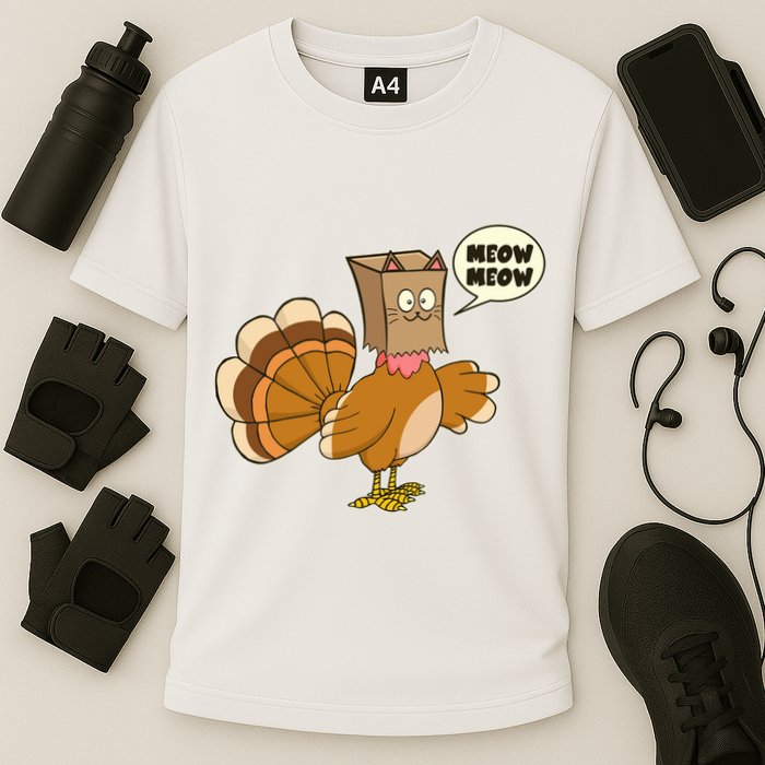 Funny Thanksgiving Turkey In Cat Face Paper Bag Performance Shirt