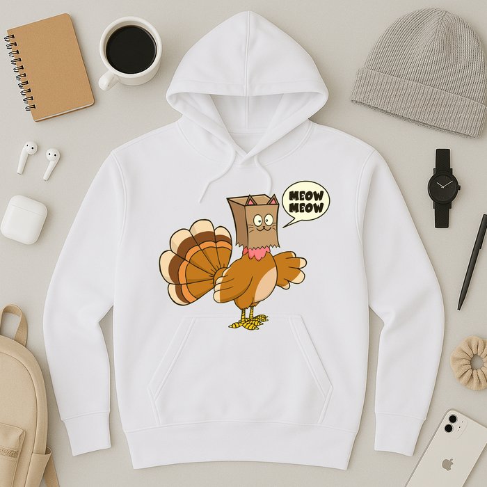 Funny Thanksgiving Turkey In Cat Face Paper Bag Hoodie
